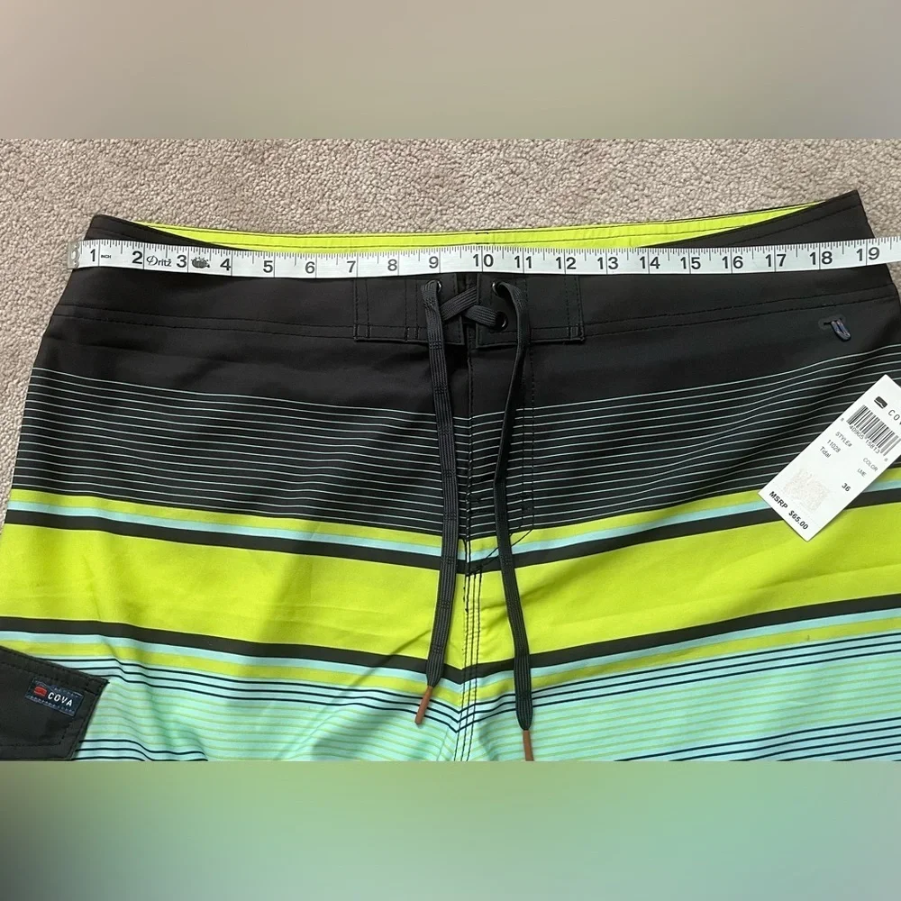 COVA Striped Board Shorts Neon Lime Aqua Surf Swim Trunks Size 36 NWT